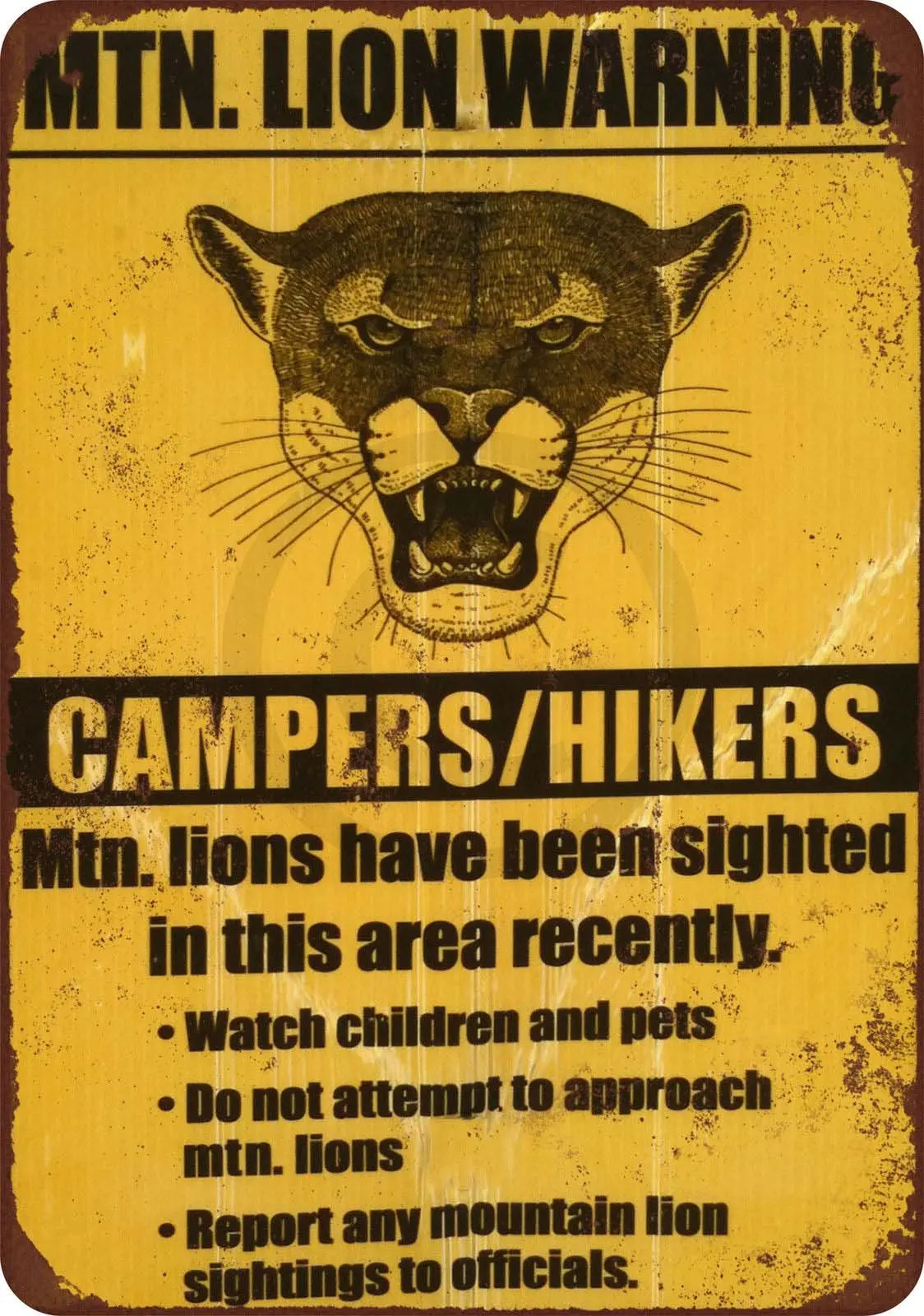 Custom Kraze Mountain Lion Warning Campers Hikers Vintage Reproduction Metal Sign 8 x 12