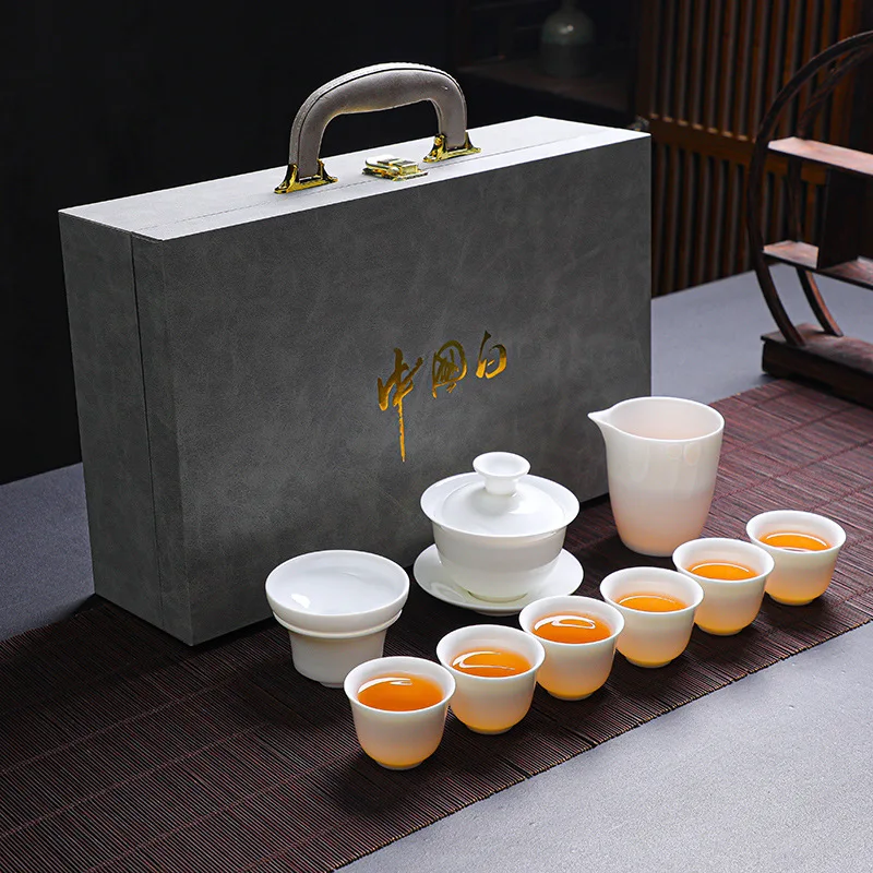 

Jade Porcelain with Light Blue Box, Chinese White Kung Fu Tea , Business Gift Set