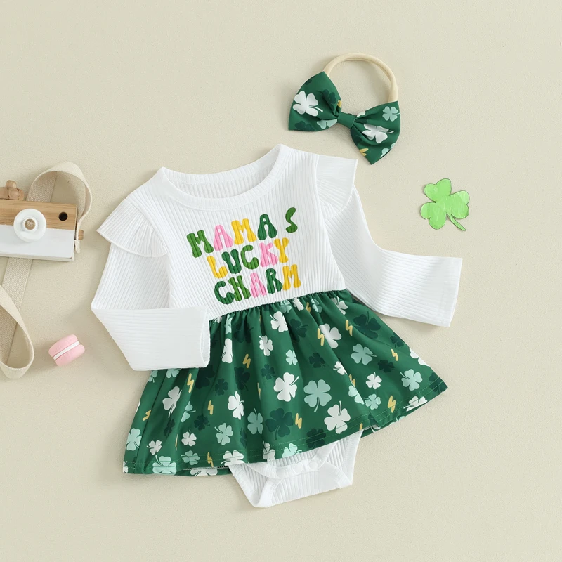 

Baby Girl 2 Piece Lucky Outfit Long Sleeve Clover Letter Print Romper Dress 3D Shamrock Print Bow Headband Toddler Irish Set