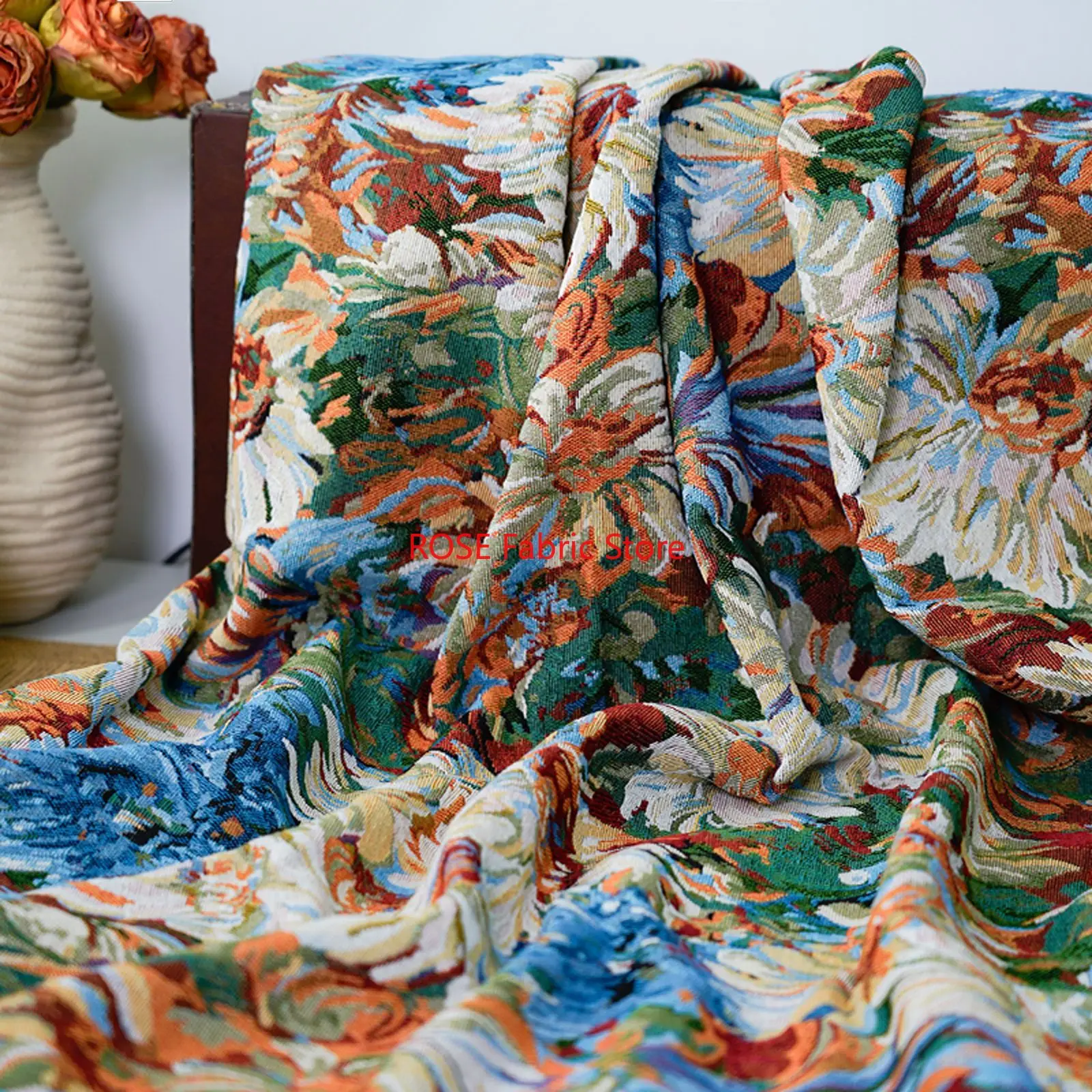 

1 Meter Retro Oil Painting Style Thick Coarse Jacquard Fabric Luggage Bag Table Cloth Home Textile Decorative Sewing Fabric