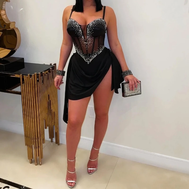 

Women's Sexy See Through Rhinestone Patchwork Bodycon Dress Spaghetti Strap Backless Irregular Dresses Female Party Clubwear New