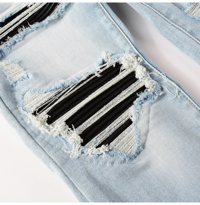 Herren Schwarze Plissierte Patch-Biker-Jeans Streetwear Hellblaue Stretch-Denim-Hose Zerrissene Skinny Tapered Hose – Detail 9