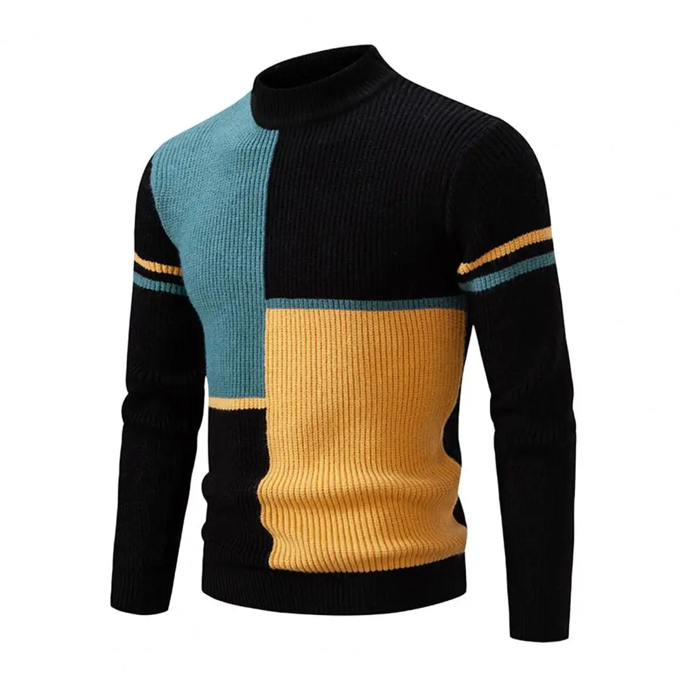 

High Elasticity Sweater Colorblock Knitted Men's Sweater with Half-high Collar Slim Warmth for Pullover Sweater