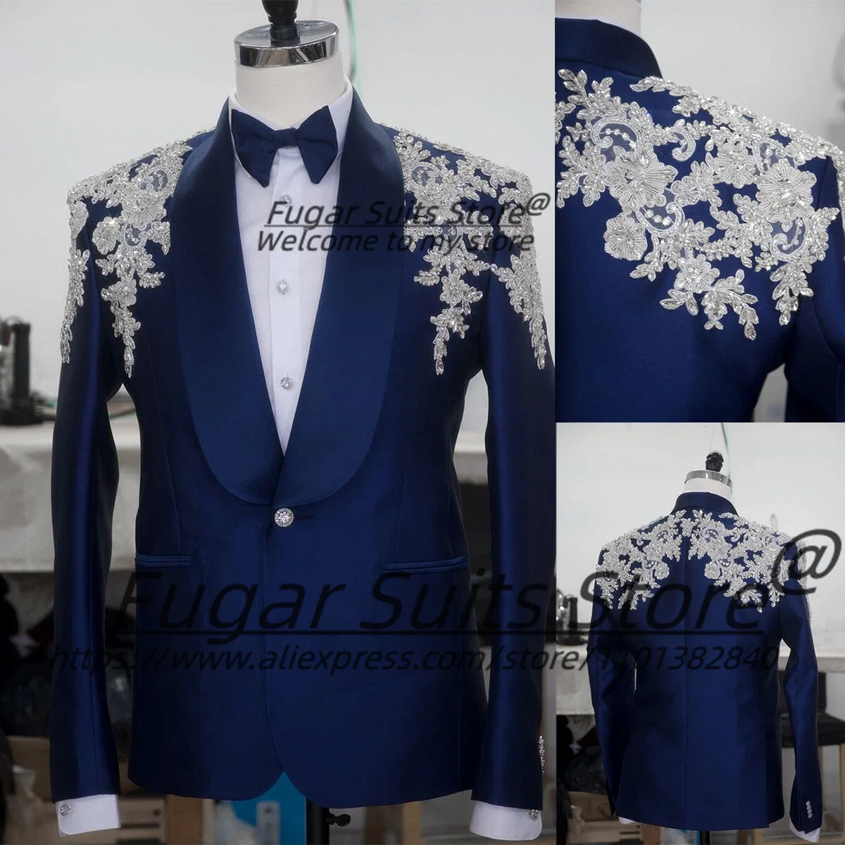 

Luxury Sliver Applique Beads Single-breasted Men Suit Customized Slim Fit Shawl Lapel Male Prom Blazers Customized 2 Pieces Sets