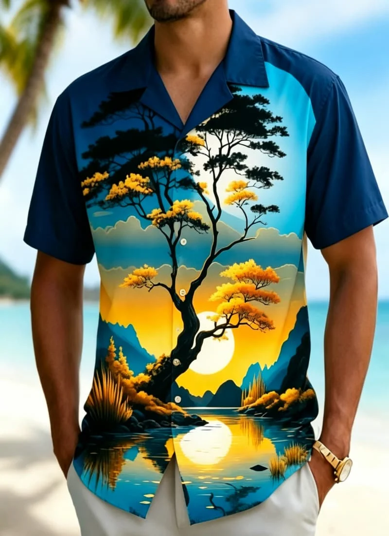

Men's Bold Scenery Print Shirt, Versatile Casual Wear for Daily Commute, Office Casual, Summer Vacations & Beach