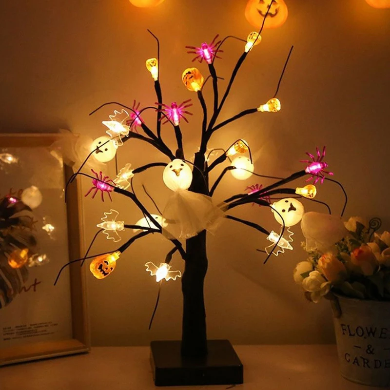 Halloween LED Tree, Holiday Atmosphere Light with Spider Ghost, for Party, Family, Friends, House, Office  Decor