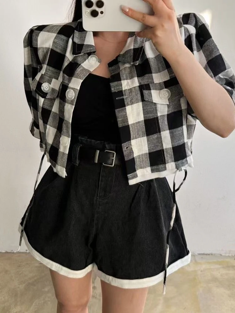 

Женское клетчатое короткое пальто тонкого кроя с отложным воротником на одной пуговице, свободное, универсальное, маленького размера, верхняя одежда с коротким рукавом