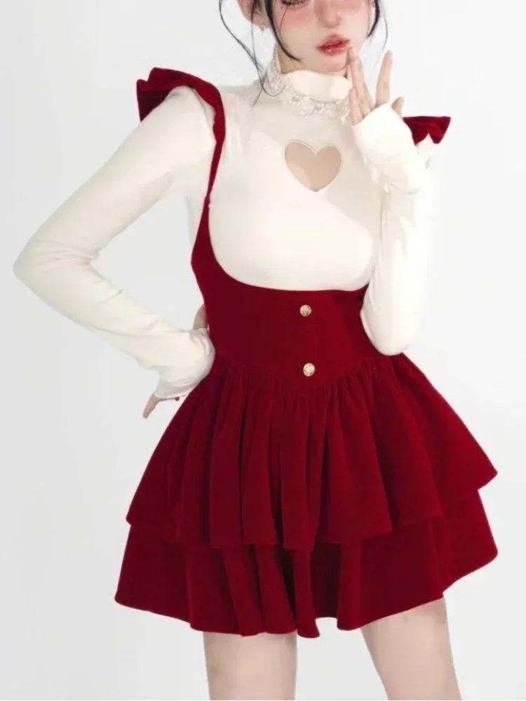 Velvet Red Kawaii Christmas Dress Female Black Sweet Vintage Suspender Dress Women Korean Style Mini Dress Autumn Winter 2023