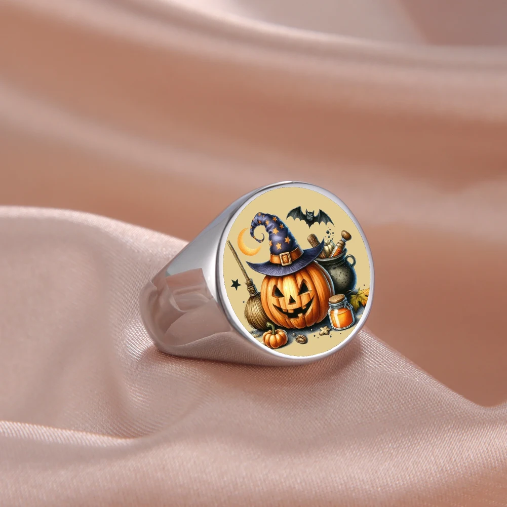 Halloween Theme Rings Classic Pumpkins Witch Cats Bats Gothic Castle UV Colorful Carved Ring Stainless Steel Jewelry
