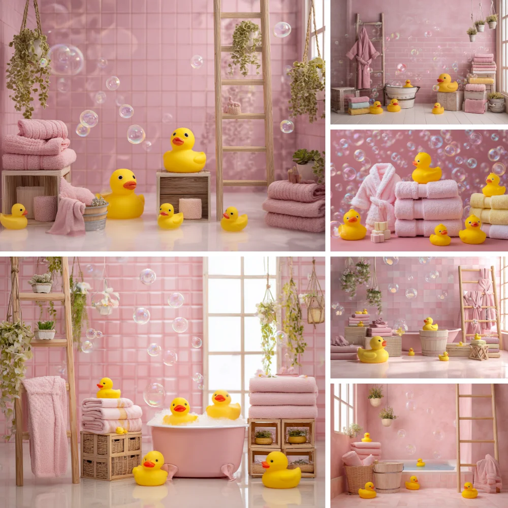 

Bathroom Photography Background Custom Little Yellow Duck Bubbles Baby Shower Portrait Backdrop Kid Birthday Party Decor Banner