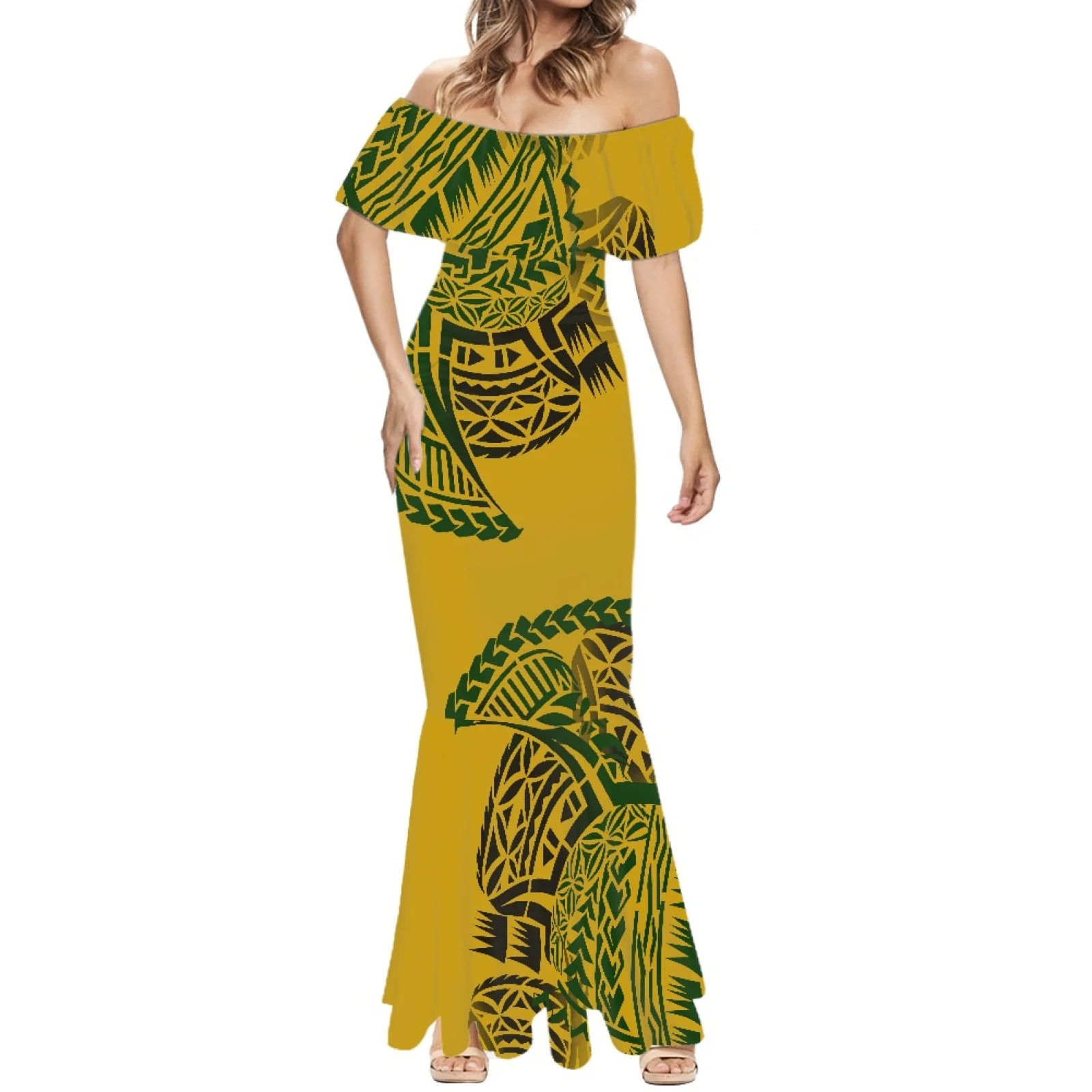 PolynesiaTattoo Print Elegance Party One-Shoulder Beach Dress Summer Women Clothin Formal Occasion Short Sleeve Fishtail Dress