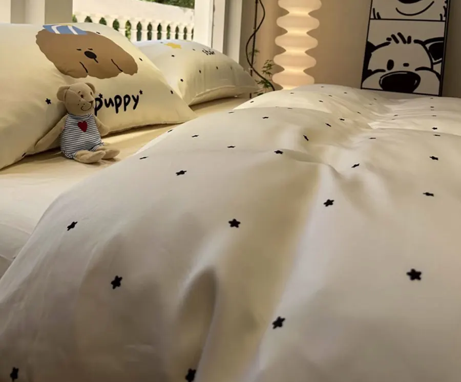 Trend cute dog puppy beige star bedding set single double,twin full queen fashion home textile bed sheet pillow case quilt cover