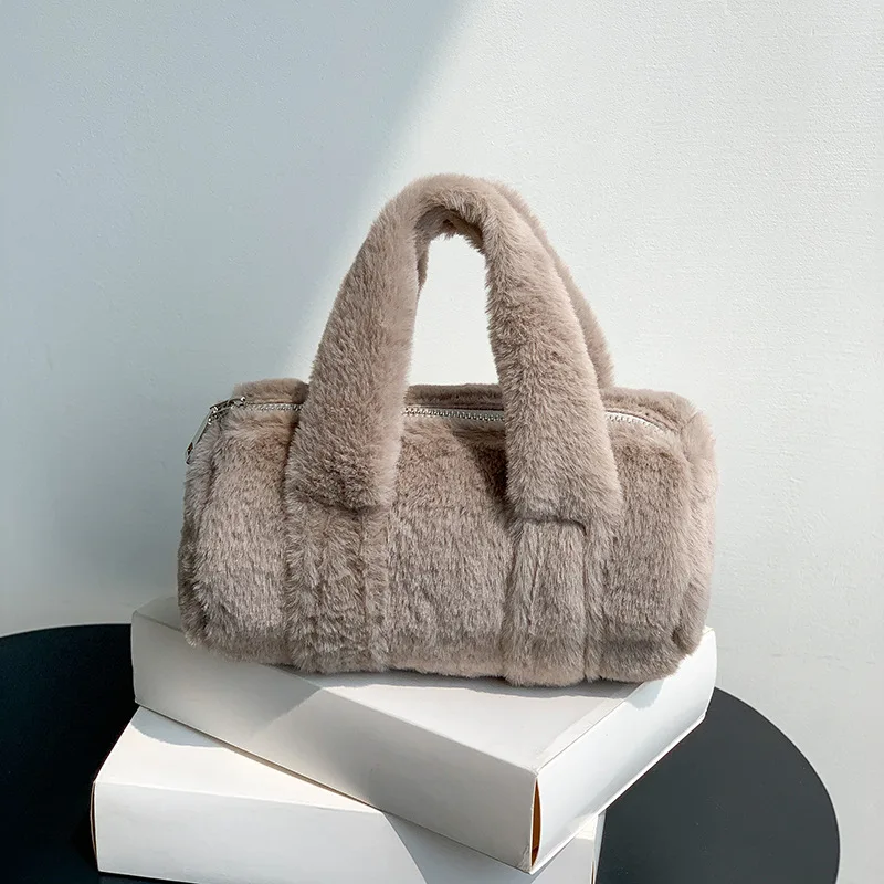 Sacs fourre-tout en laine d'agneau pour femmes, sac à main mignon et doux, intervalles Boston, peluche, sacs à main à bandoulière pour dames, hiver, nouveau, 2024