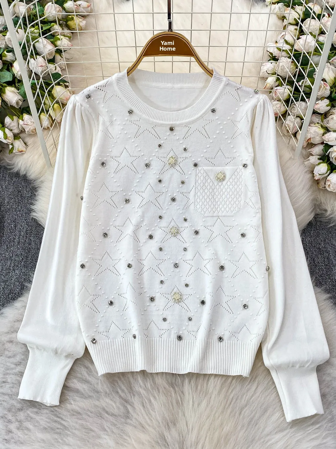 Sweter Rajutan Putih Wanita Pakaian Rajut Pelangsing Longgar Berlian Berhias Berat Wanita Musim Gugur Musim Dingin Faion Sle Korea Perjalanan