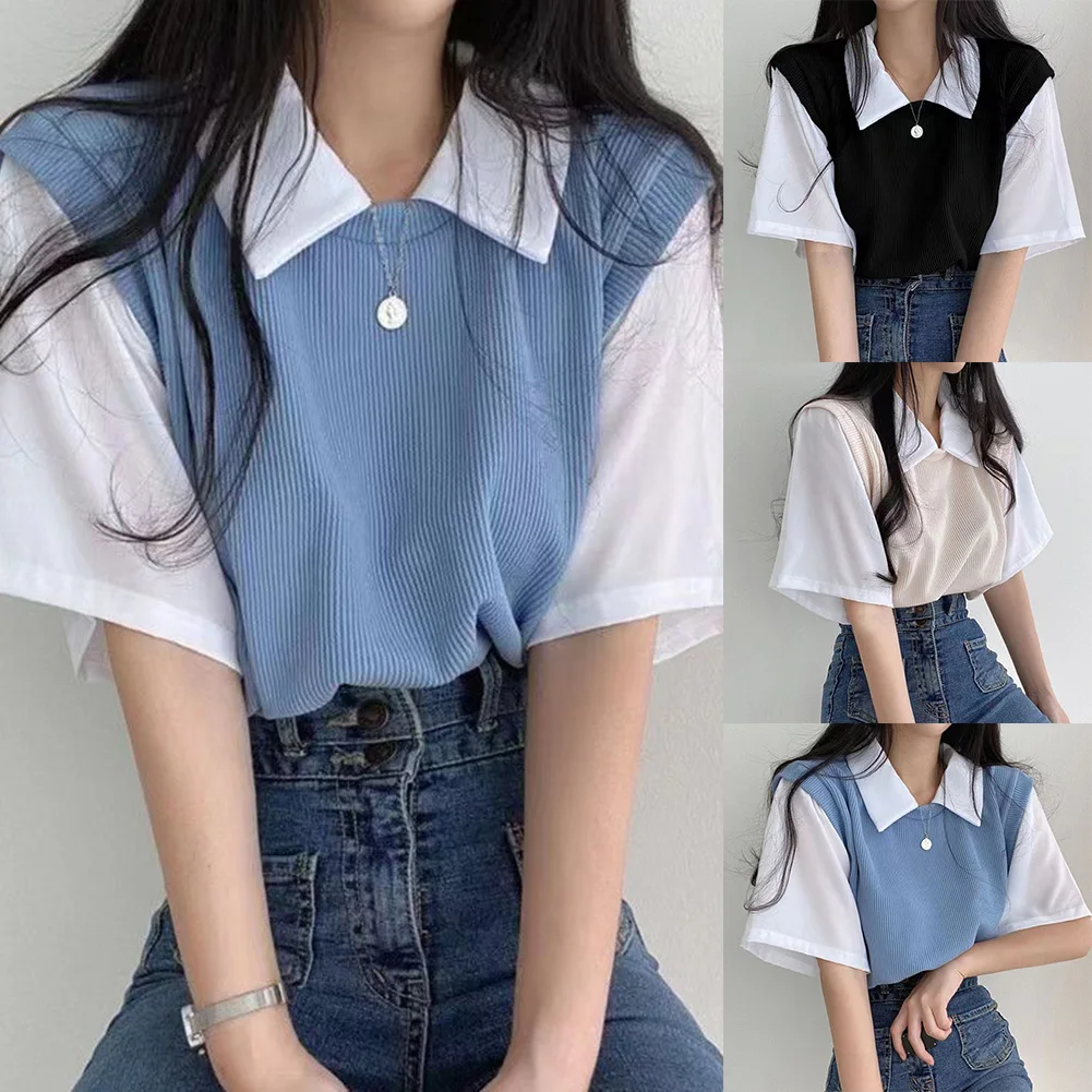 ルーズカジュアル多用途ラペルフェイクツーピースコントラストカラー半袖シャツ