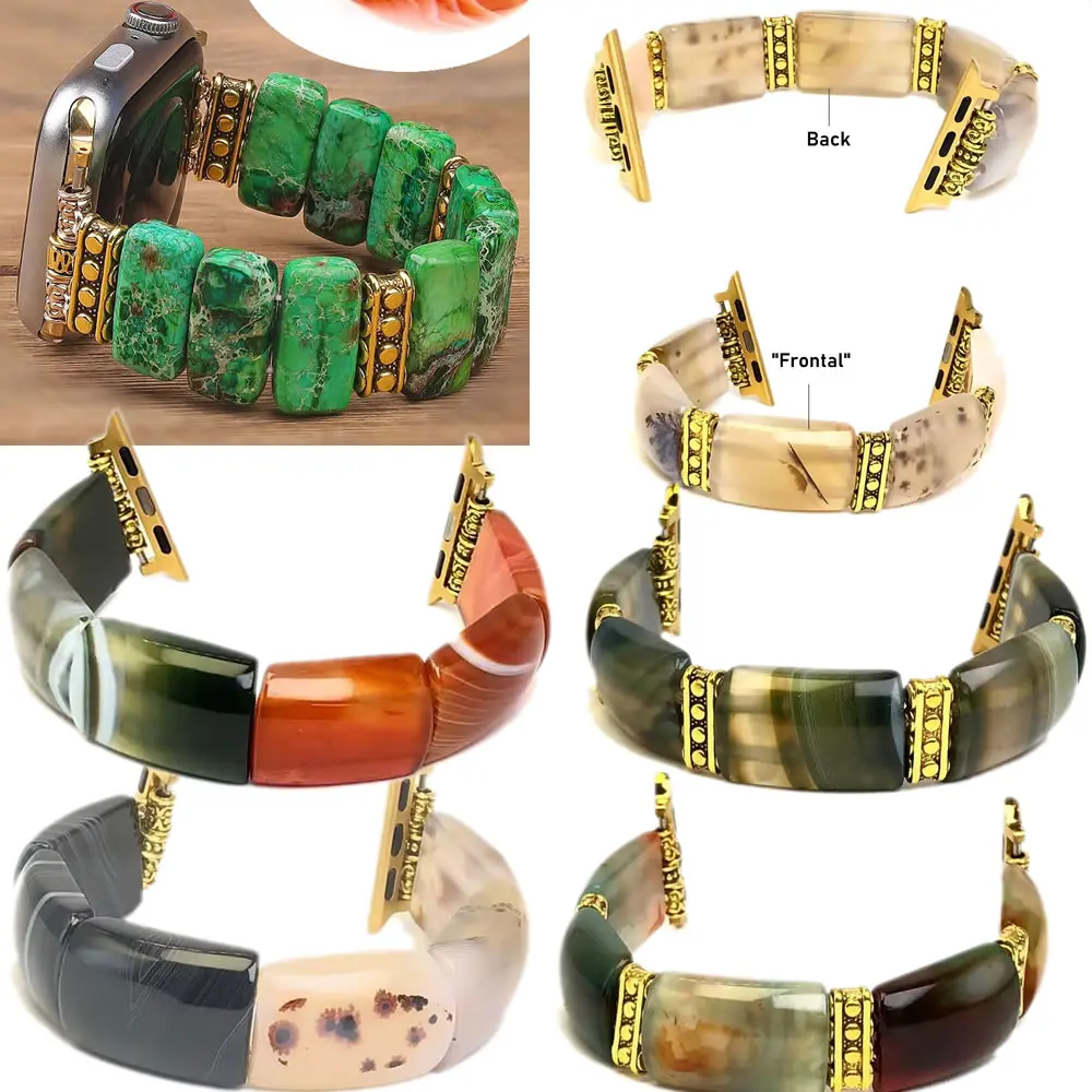 Natural Stone Beaded Watch Band Women Boho Handmade Elastic Vintage Strap Compatible For IWatch Series 9/8/7/6/5/4/3/2/1/