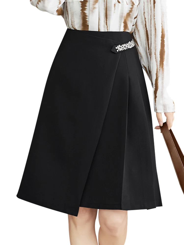 QOERLIN Temperament Skirt High Waist Pleated Black A-Line Skirt Female Beading Suit Skirt Office Ladies Back Zipper Knee Length