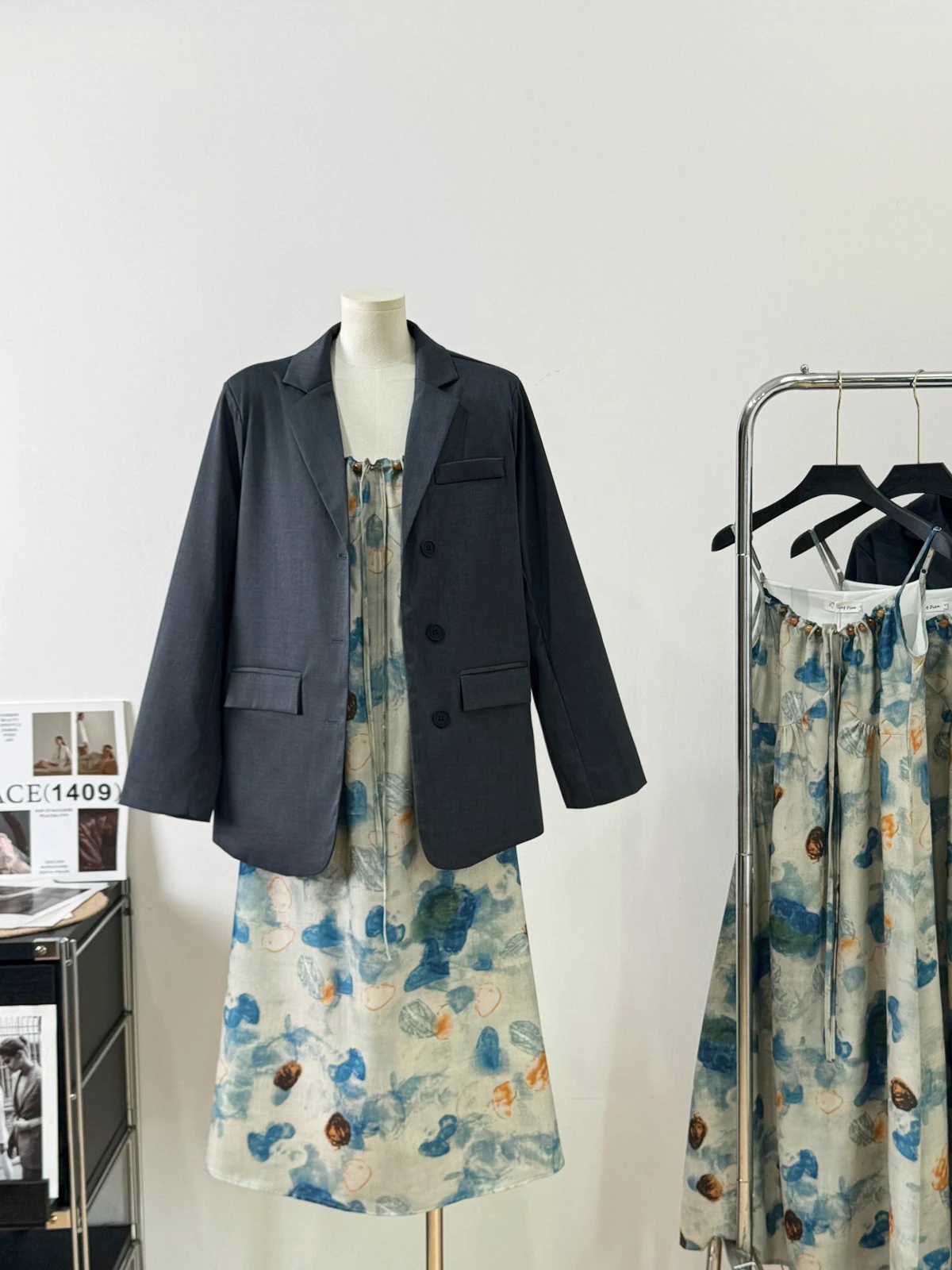 Outono 2024 nova aquarela feminina adient cinta dr com terno ort jaet conjunto de duas peças sentimento high-end casual wear