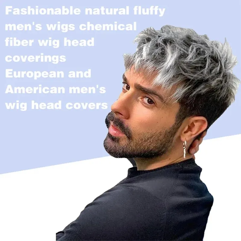 Wig Men Short Hair Fluffy Curly Hair Silver White Chemical Fiber Headgear Fluffy Short Curly Hair Simulation Full Headgear