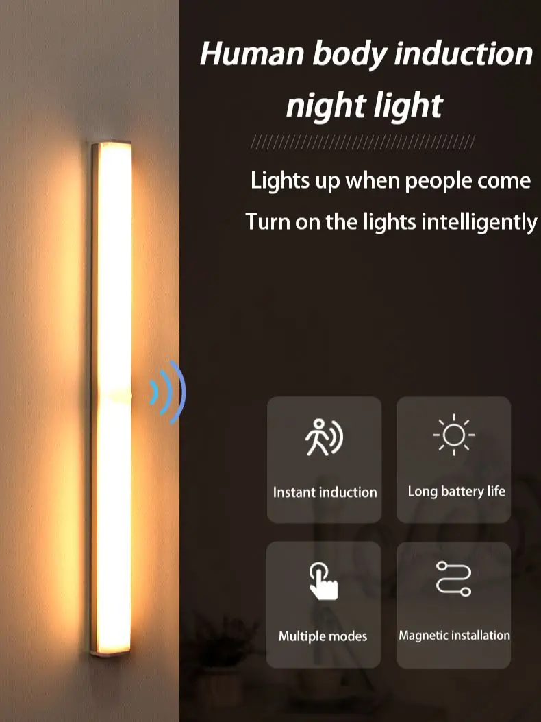 Motion Sensor Light Wireless LED Night Light Type C Rechargeable Light Cabinet Wardrobe Lamp Staircase Backlight For Kitchen LED