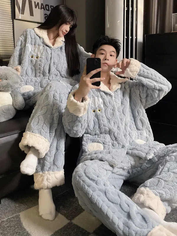 Couple's Fleece Lined Coral Velvet Thickened Winter Pajamas Cute Casual Men's Large Size Flannel Home Clothes Set