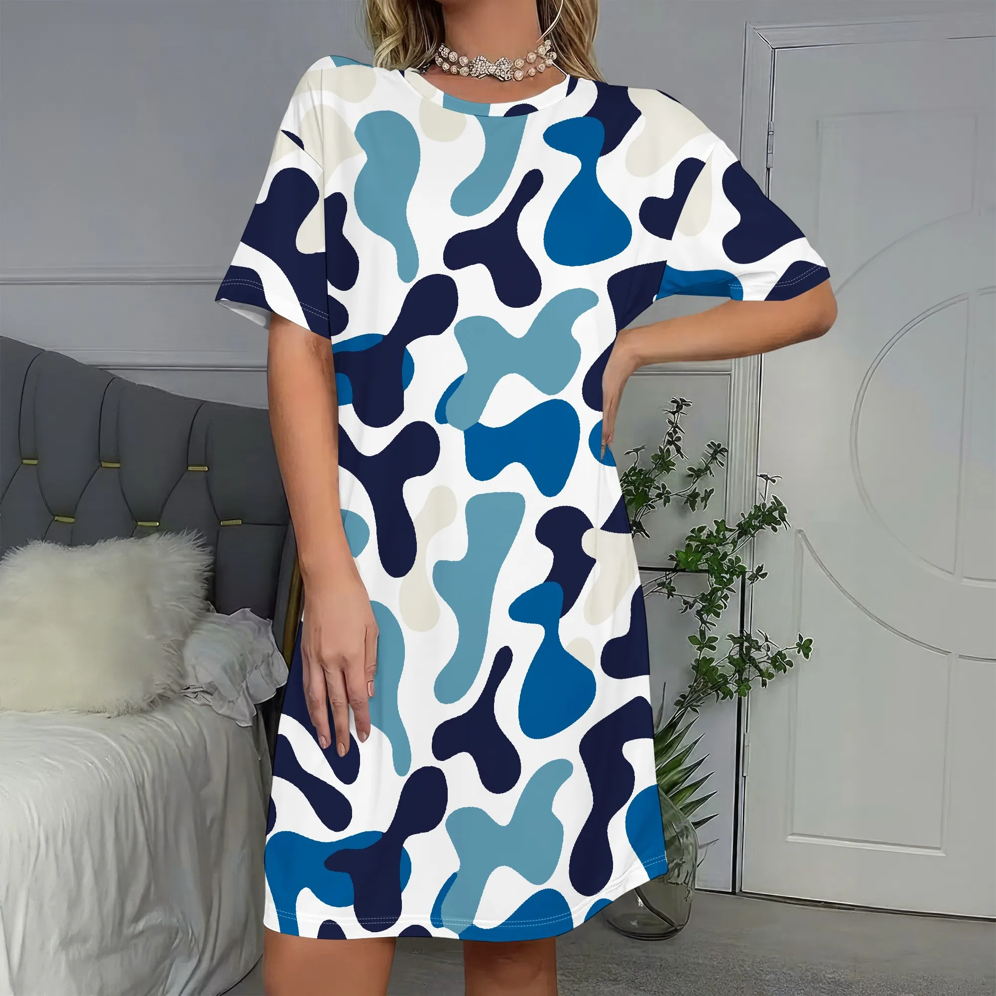 

Blue Camo T-Shirt Dress, Abstract Print Short Sleeve Shift Dress, Loose Fit Summer Casual Wear for Women, S-2XL