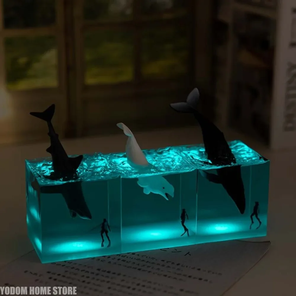 5 Centimeter Cube LED Night Light Resin Ocean Whale & Diver Figurine Desktop Decor Ornament