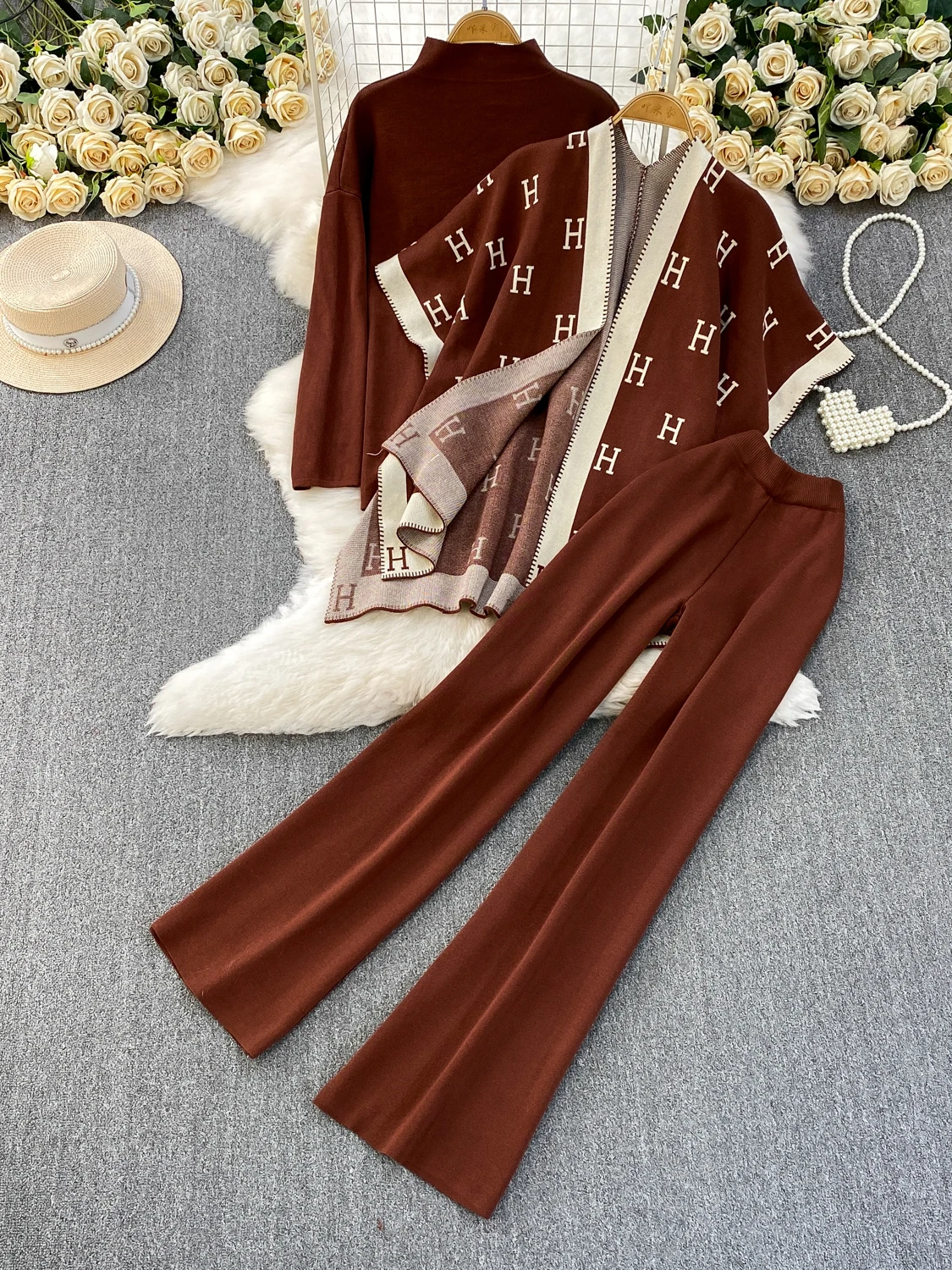 

Faionable Knitted Tee-Piece Set Women's Loose Fit Autumn Winter Cardigan Embroidered Letter Warm Sweatirt Wide Leg Pants