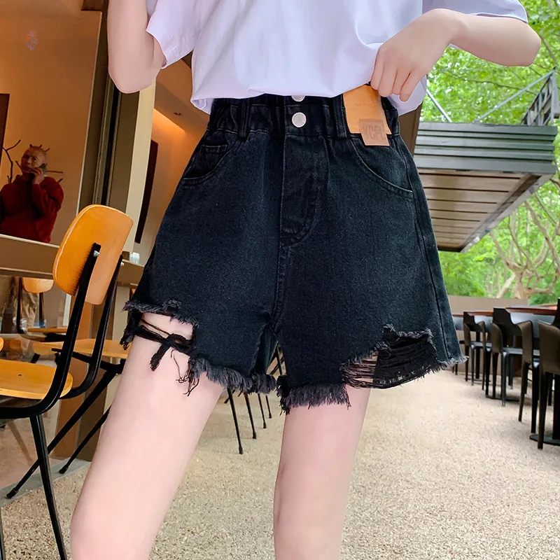 UNITIM 4-14Yrs Kids Girls Denim Shorts Thin Sticker Elastic Waist Children Girls Shorts Loose Hole Young Teenagers Girls Shorts