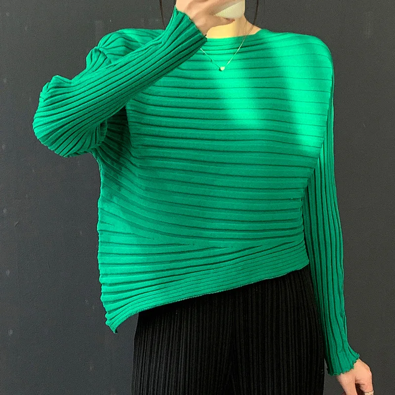 

Miyake Pleated 2026 T-Shirt Tops Women Long Sleeve Design Sense Minority Women's Loose Large Size Pullover Handmade Pleated