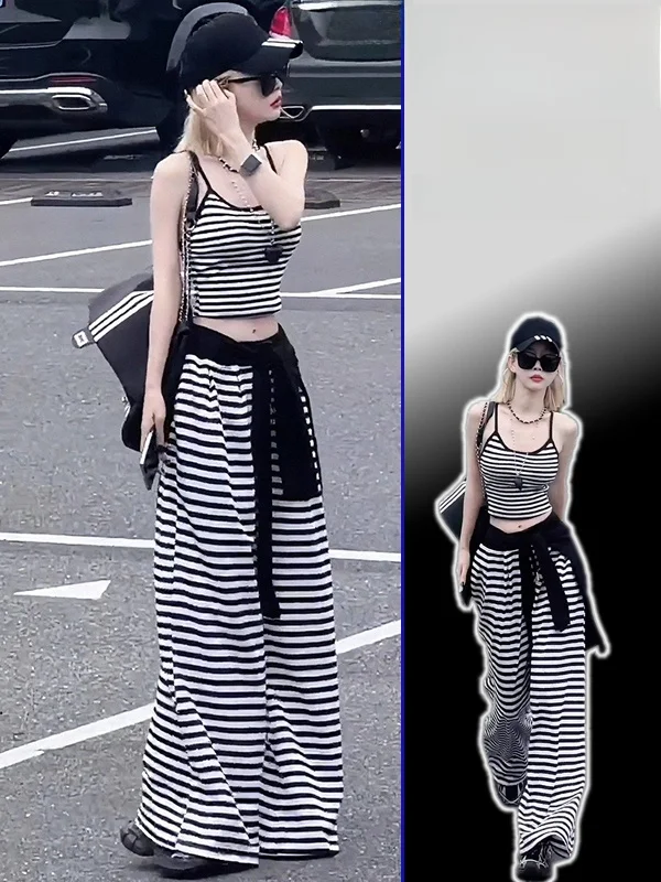 

Комплект для женщин больших размеров: модный полосатый топ-бандо и широкие брюки из трикотажа, дышащий повседневный комплект для весны, лета и осени