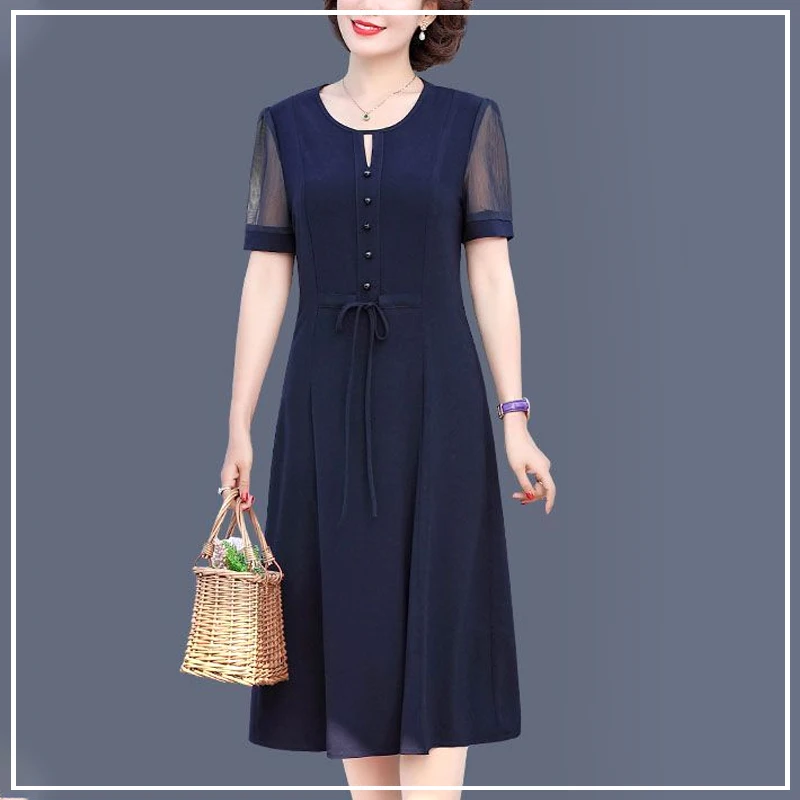 

Western Style Fashion Temperament Chiffon Lace Drawstring Button Montage Comfort Commute Generous Women's Dress Summer 2024