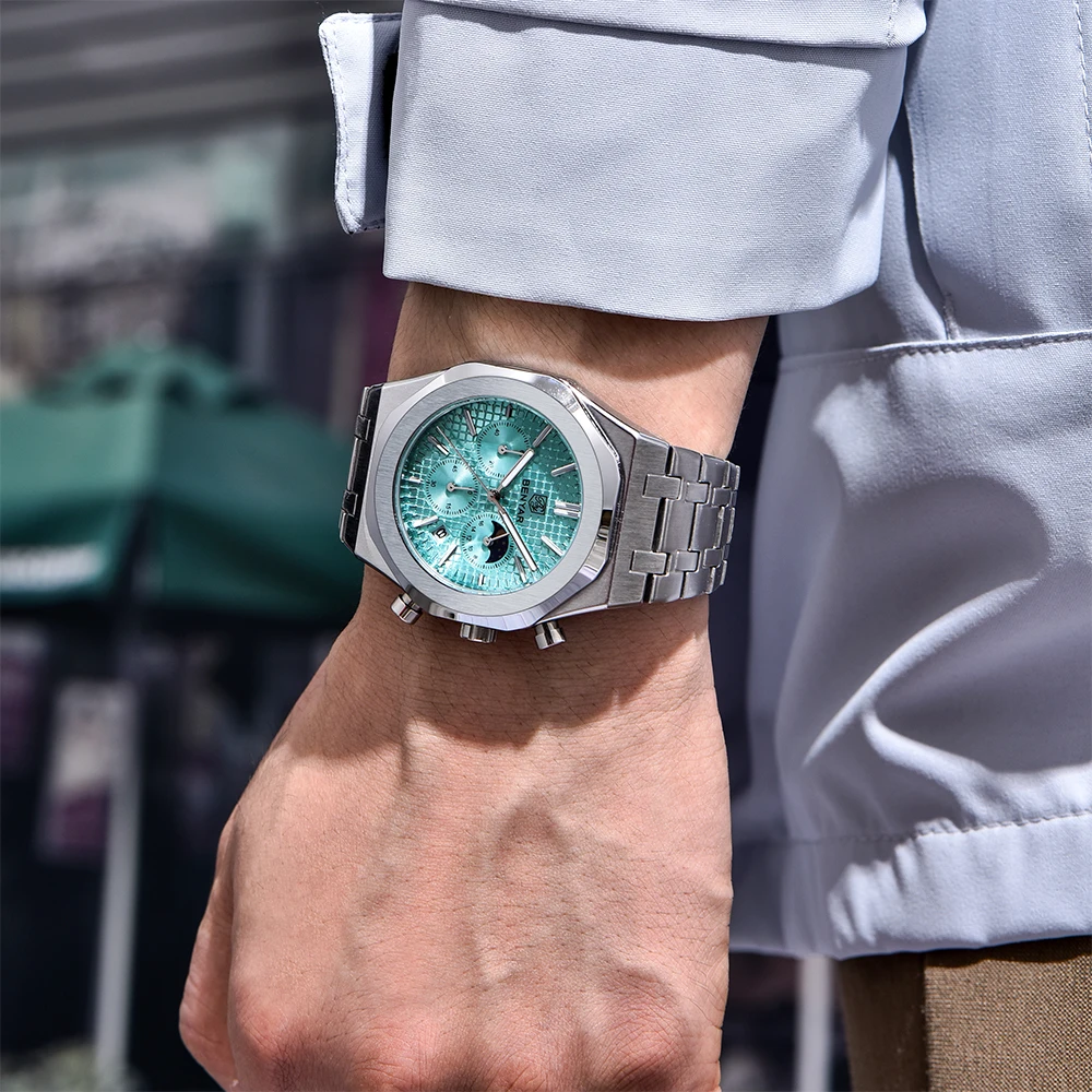 BENYAR Men's Square Quartz Watch Tiffany Blue Dial Moon Phase Calendar Chronograph Stainless Steel Waterproof Sports Wrist watch