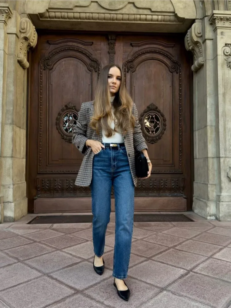 Blazer pied de poule slim da donna autunnale con spalline Top casual da donna a maniche lunghe Cappotti femminili chic