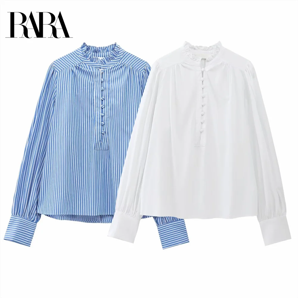 

2025 RARA Women's Blouses with Ruffled Collars Button - front Detail in Blue - striped and White for a Charming Look