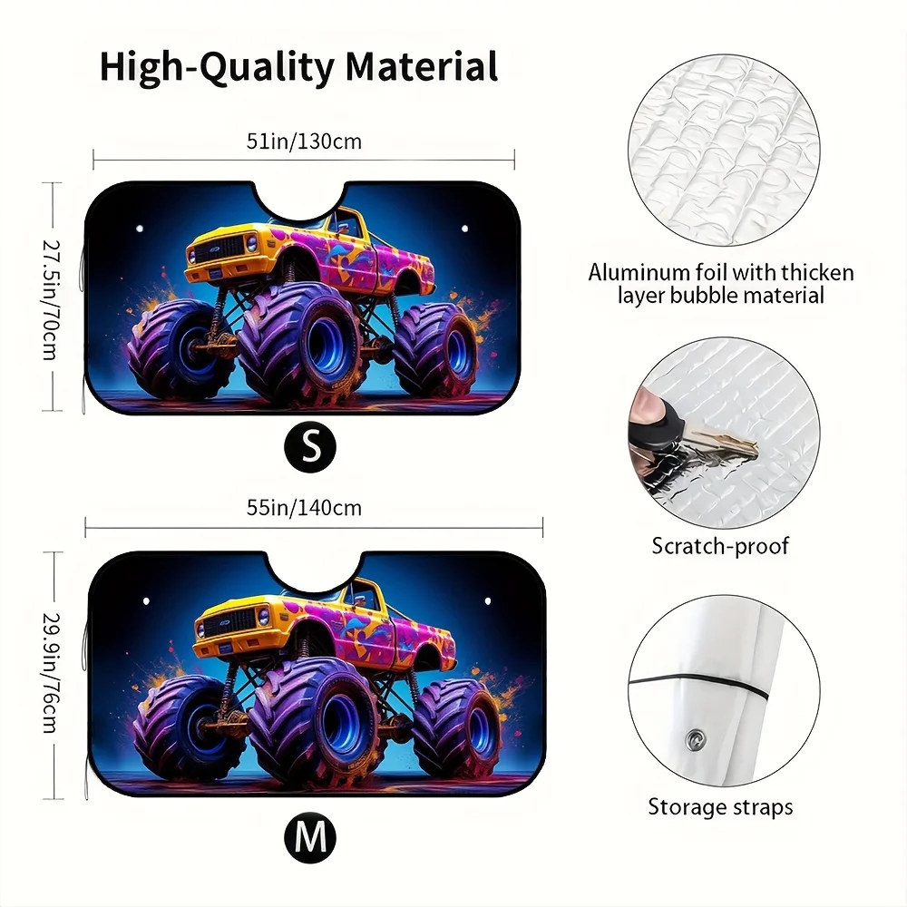 1pc Monster Truck Colorful Splash Art Car Sunshade - Foldable & Compact Windshield Decor, UV Protection, Heat Reduction, Stylish
