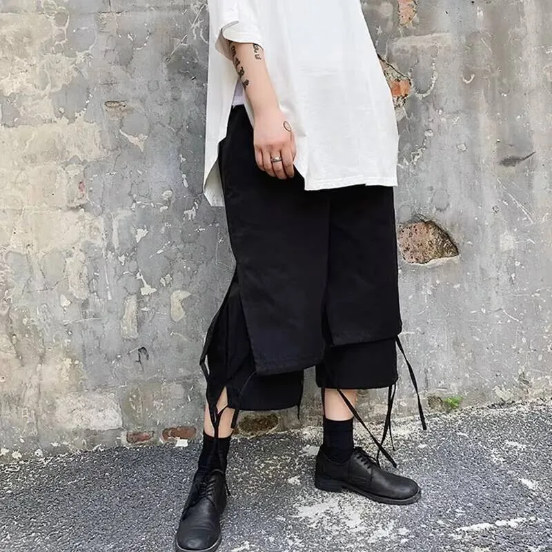 

Leg New Japanese Summer Wide Retro Pants Men's Personality Stitching False Two Dark Casual Large Size Seven Pants