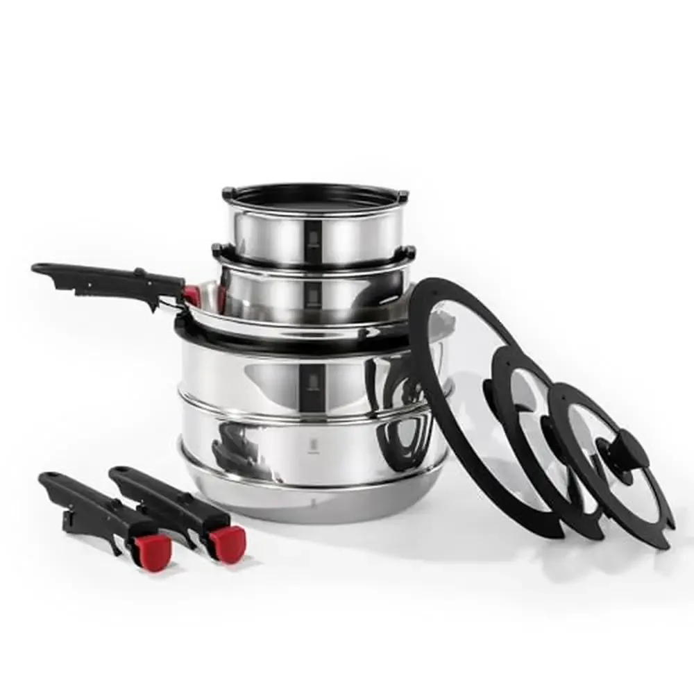 Stackable Stainless Steel Cookware Set Detachable Handle Induction RV Camper Kitchen Healthy Stackably Removable Glass Lids Pot