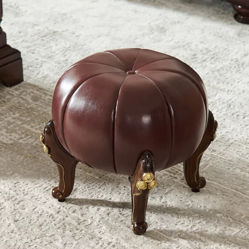 Vintage Ottoman Bench Stool, Retro Leather Round Seat, Creative Living Room Footrest, Bedroom Vanity Stool, Solid Wood