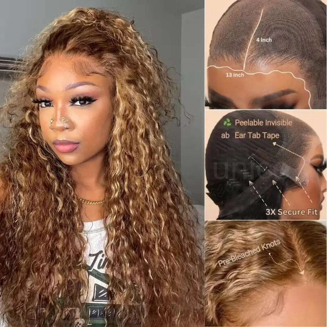 13x6 Transparent Lace Front Wigs Human Hair Deep Curly Honey Blonde Highlight Ear to Ear Put on and Go Glueless Wig Bye Bye Knot