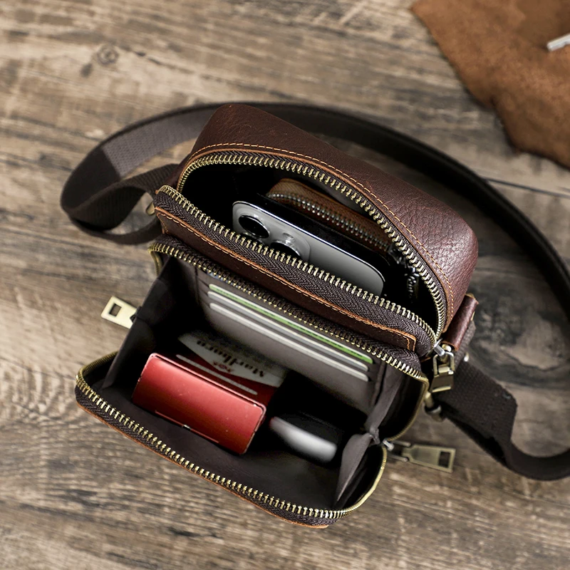 Genuine Leather Men Small Shoulder Bag Vintage Crossbody Messenger Bags Zipper Travel Sling Pack Cellphone Pouch Mini Handbag