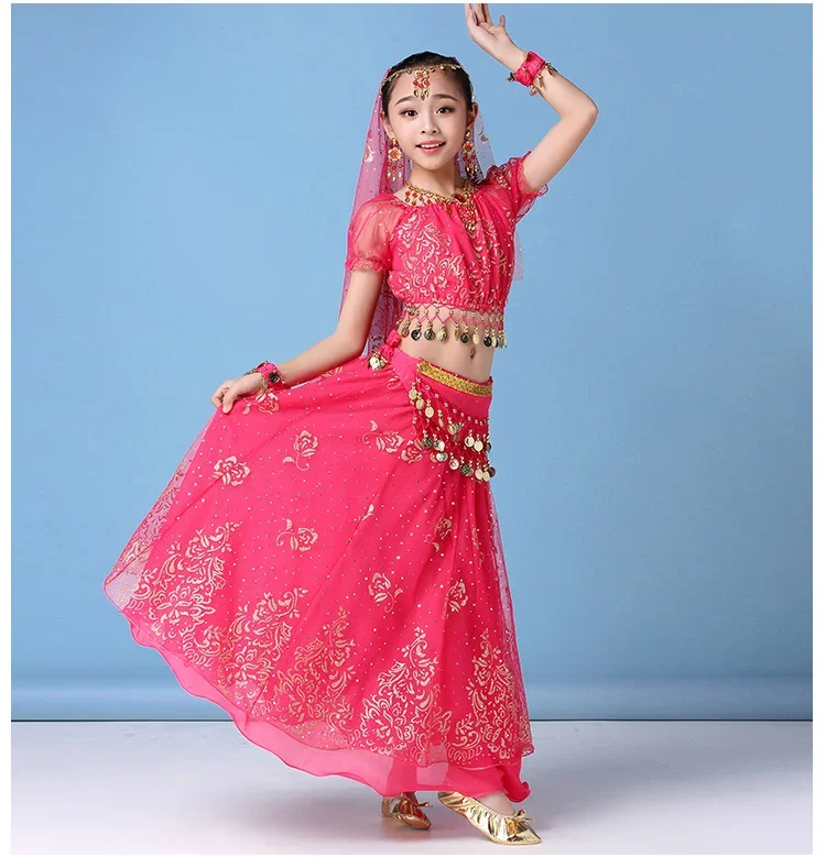 4 pçs/set novas crianças conjunto de traje de dança do ventre oriental indiano trajes de dança do ventre vestido roupas indianas para meninas