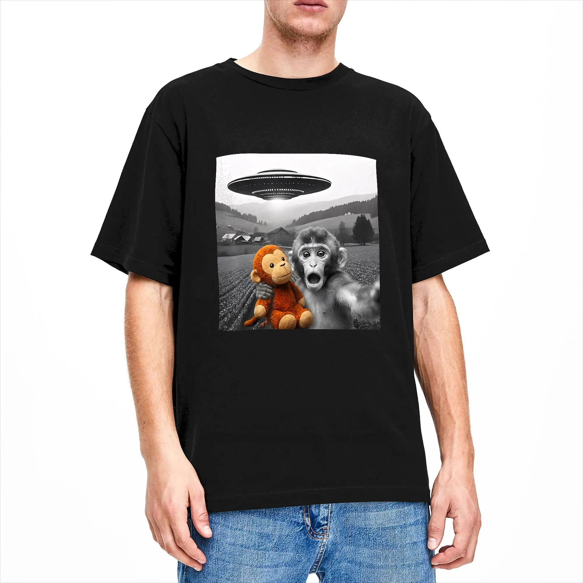 Men Punch Monkey UFO Funny Selfie T Shirt  Cotton Clothes Fashion Short Sleeve Crew Neck Tees Printing T-Shirts