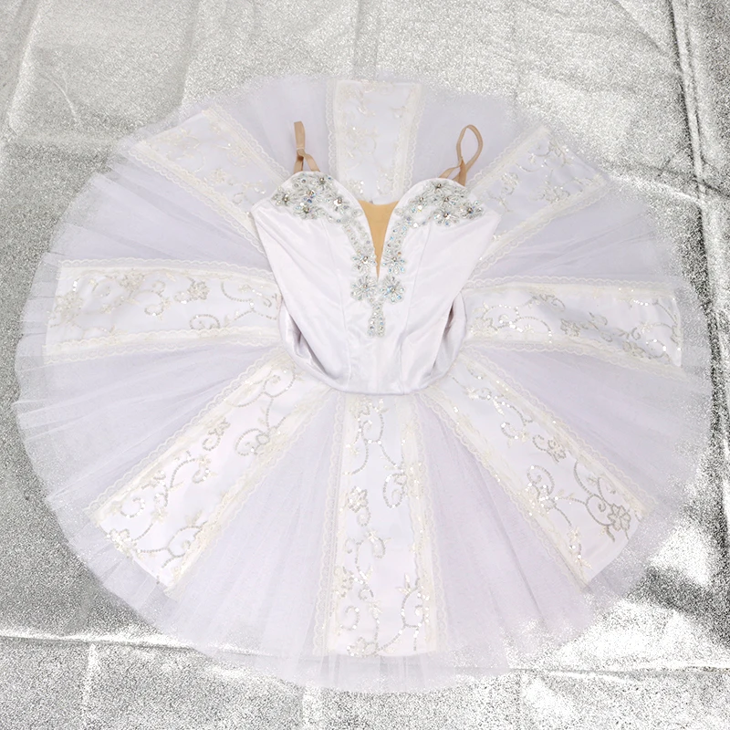 Tutú de Ballet Preprofesional La Bayadère, Blanco y Plateado, para Espectáculos de Danza en Grupo, con Gancho, Tutú Clásico Tipo Pancake para Niñas