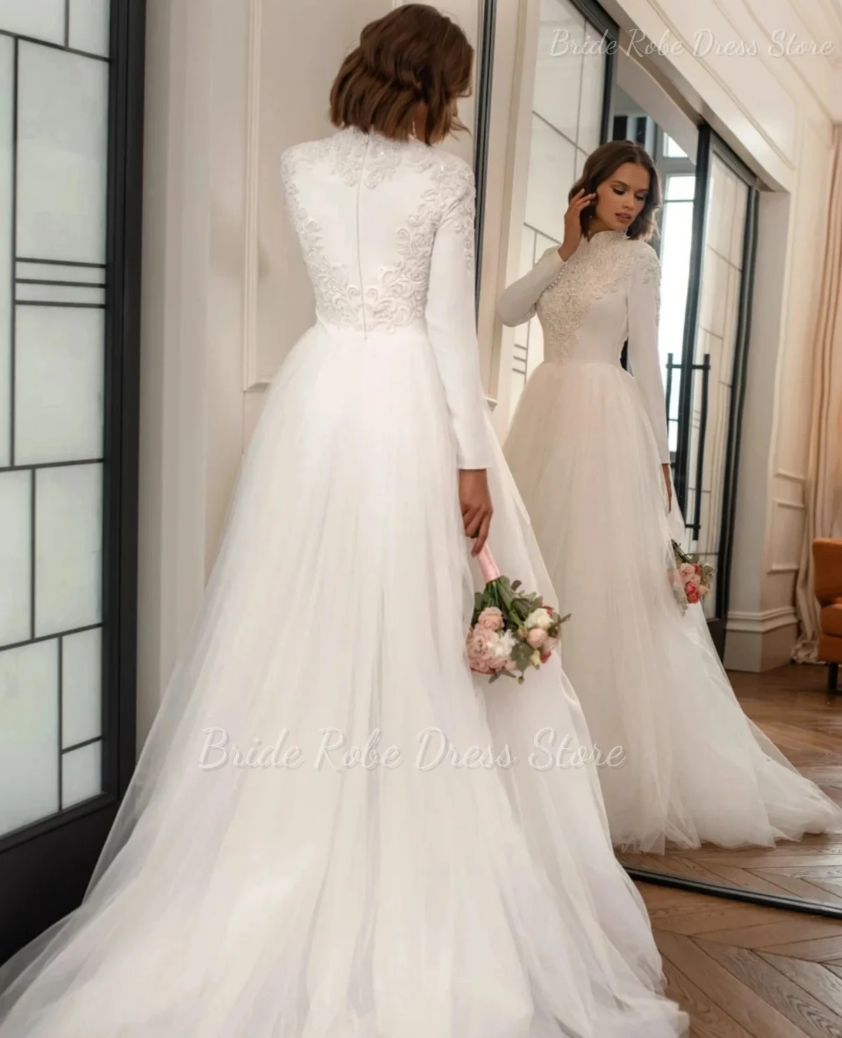 Custom Modest Elegant Long Muslim White Wedding Dresses Applique Lace Beaded High Neck A Line Tulle Bride Gowns Elegant Arabic