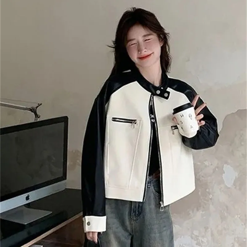 Primavera outono femme retalhos casaco de couro falso 2025 feminino gola jaqueta de couro coreano senhoras moda couro do plutônio outwear