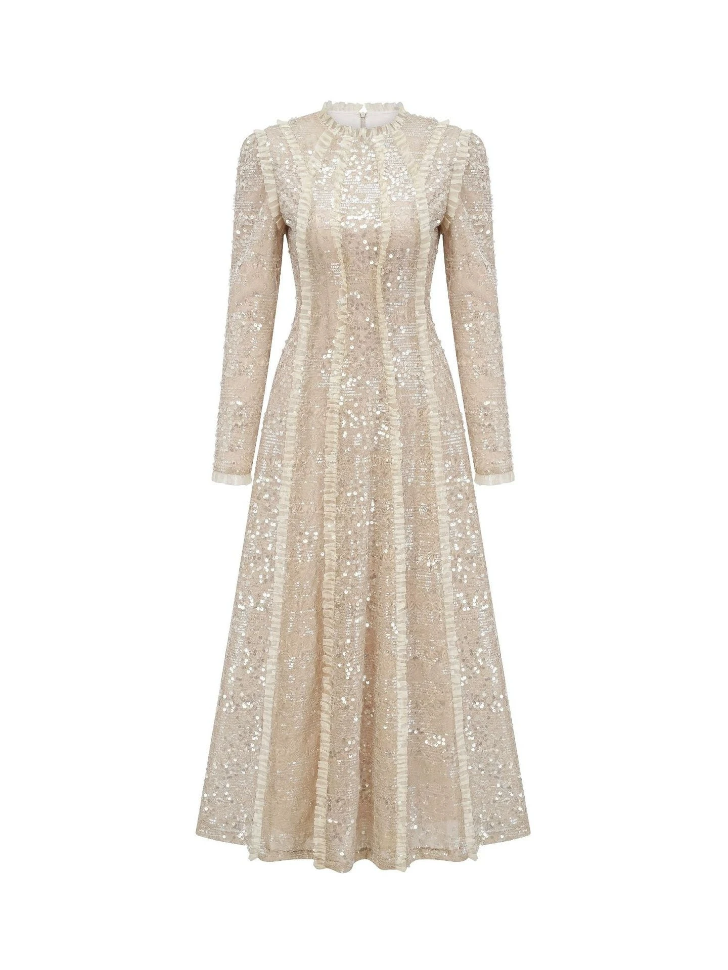

Heavy craft sequin dress Spring and autumn high-end niche long-sleeved round neck high waist temperament long skirt-GZXX438