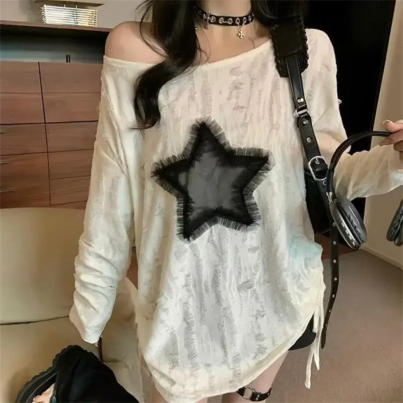 Grunge Hole T-shirt Women Fashion Star Print Y2k Aesthetic Loose Tees Kpop Fairycore Ripped Tshirt Harajuku Gothic Streetwear