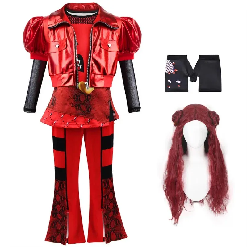 

Halloween Descendants Cosplay Costume 3pcs Set Girls Red Heart Leather Long Sleeve Suit Carnival Birthday Stage costumes Outfits