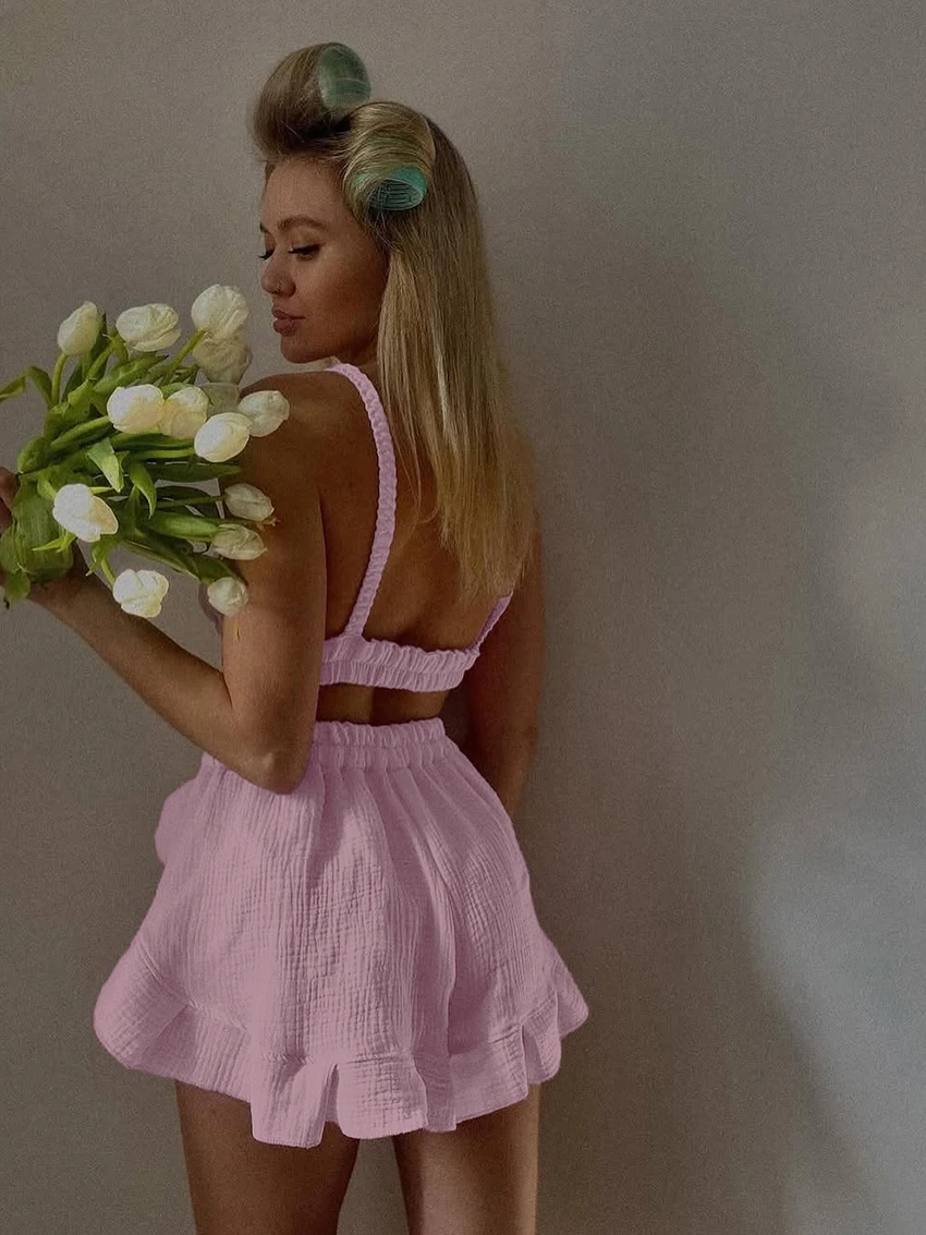 Marthaqiqi Pink Cotton Women Sleepwear Suit Tank Top Pajama Crop Top Pyjama Spaghetti Strap Nightwear Shorts Home Clothes Ladies